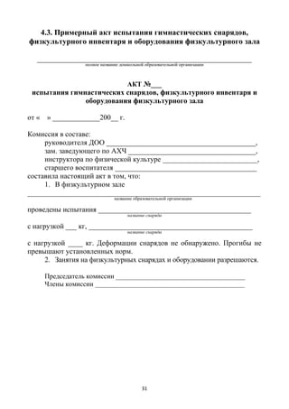 31
4.3. Примерный акт испытания гимнастических снарядов,
физкультурного инвентаря и оборудования физкультурного зала
___________________________________________________________
полное название дошкольной образовательной организации
АКТ №___
испытания гимнастических снарядов, физкультурного инвентаря и
оборудования физкультурного зала
от « » _____________200__ г.
Комиссия в составе:
руководителя ДОО _________________________________________,
зам. заведующего по АХЧ ___________________________________,
инструктора по физической культуре __________________________,
старшего воспитателя _______________________________________
составила настоящий акт в том, что:
1. В физкультурном зале
________________________________________________________________
название образовательной организации
проведены испытания __________________________________________
название снаряда
с нагрузкой ___ кг, _____________________________________________
название снаряда
с нагрузкой ____ кг. Деформации снарядов не обнаружено. Прогибы не
превышают установленных норм.
2. Занятия на физкультурных снарядах и оборудовании разрешаются.
Председатель комиссии ______________________________________
Члены комиссии ____________________________________________
 