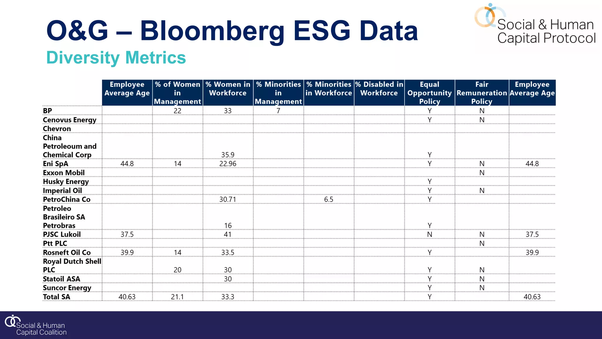 O&G – Bloomberg ESG Data
Diversity Metrics
 