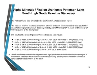  The Patterson Lake area is located in the southwestern Athabasca Basin region
 The area has received escalating exploration attention and claim acquisition activity as a result of the
new, shallow high-grade uranium discovery made by Alpha Minerals (TSX-V: AMW) and Fission (TSX-
V: FCU) outside of the Basin proper
 Drill results at the expanding Alpha / Fission discovery area include:
 54.5m of 9.08% U3O8 including 21.5m of 21.76% U3O8 in hole PLS13-075 (R390E Zone)
 49.5m of 6.26% U3O8 including 6.0m of 35.00% U3O8 in hole PLS13-053 (R390E Zone)
 53.0m of 6.57% U3O8 including 10.5m of 29.26% U3O8 in hole PLS13-051 (R390E Zone)
 34.0m of 4.92% U3O8 including 12.5m of 12.38% U3O8 in hole PLS13-038 (R390E Zone)
 37.5m of 1.17% U3O8 including 13.0m of 1.97% U3O8 (R00E Zone)
 These discoveries demonstrate the potential for high-grade uranium mineralization on the margins of
the western side of the Athabasca Basin where significantly less exploration has been carried out
compared to the eastern side of the Basin
9
 