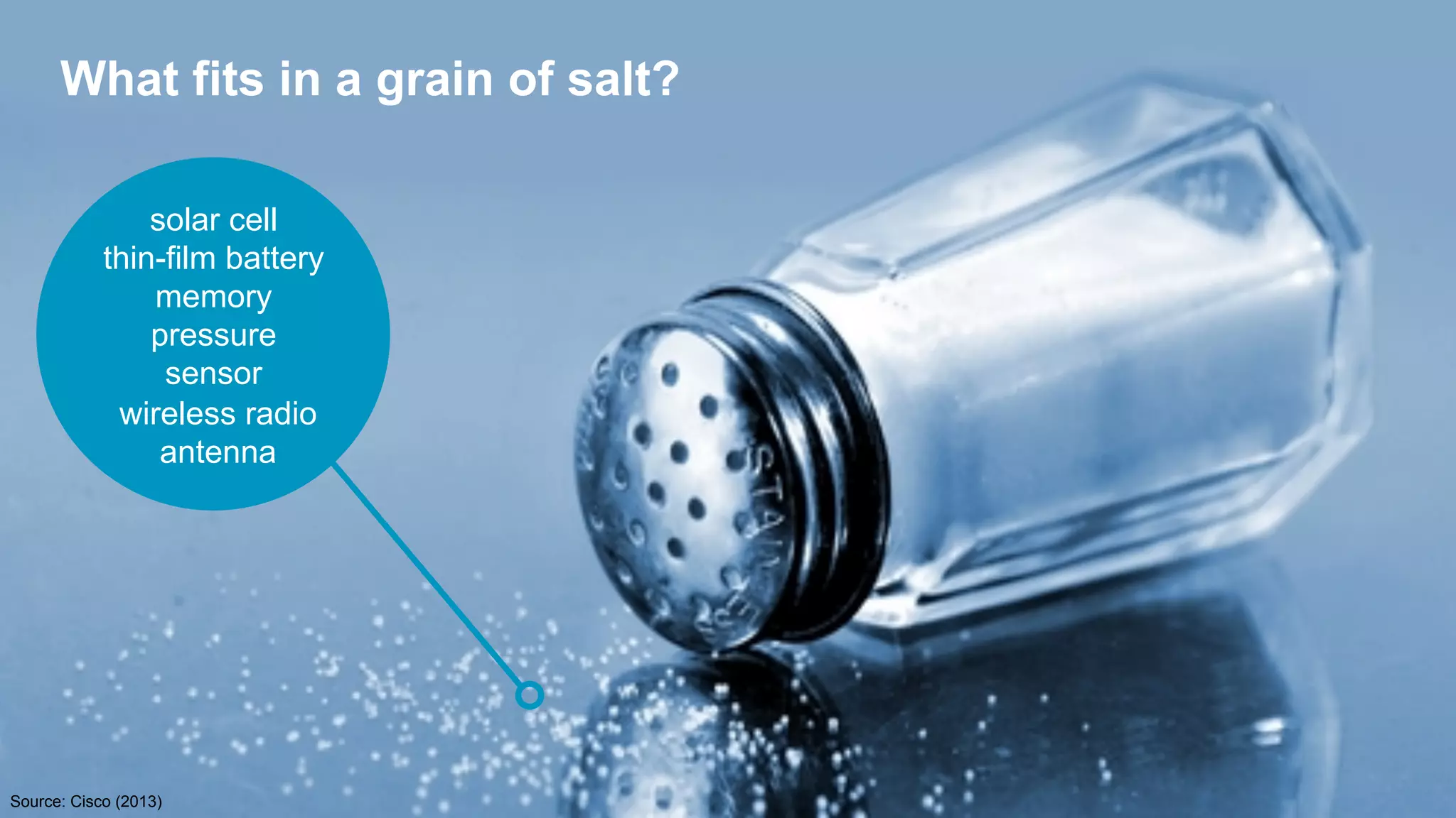 What fits in a grain of salt?
solar cell
thin-film battery
memory
pressure
sensor
wireless radio
antenna

Source: Cisco (2013)

 