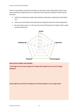 School for Health and Care Radicals
Module 4 Study Guide 13
Teams can see whether any particular energies are dominant in their change efforts and can take
action to build the energies that are low. Assessment with thousands of people in health and care
show that:
 intellectual and physical energies often dominate, particularly in organisations that deliver
care
 clinicians are more likely to have high spiritual energy than those from other backgrounds
 the nearer that a person is in the hierarchy to the Chief Executive, the higher her/his energy
scores are likely to be.
REFLECTION: ENERGY FOR CHANGE
1 How high are your own energies for change with regard to your current change
initiative?
2 How high do you think the energies are of other people in your change team?
 