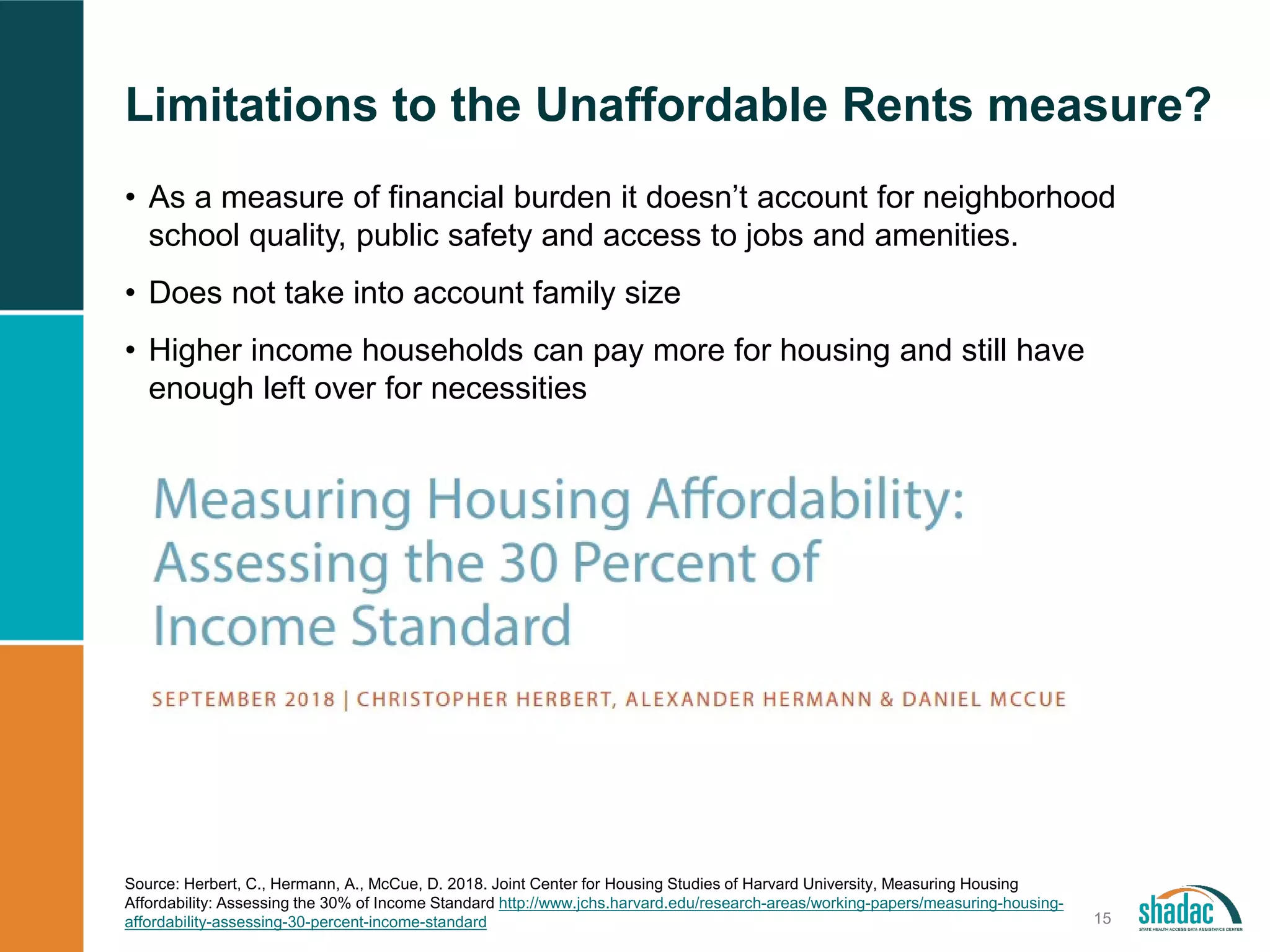 Limitations to the Unaffordable Rents measure?
15
• As a measure of financial burden it doesn’t account for neighborhood
school quality, public safety and access to jobs and amenities.
• Does not take into account family size
• Higher income households can pay more for housing and still have
enough left over for necessities
Source: Herbert, C., Hermann, A., McCue, D. 2018. Joint Center for Housing Studies of Harvard University, Measuring Housing
Affordability: Assessing the 30% of Income Standard http://www.jchs.harvard.edu/research-areas/working-papers/measuring-housing-
affordability-assessing-30-percent-income-standard
 