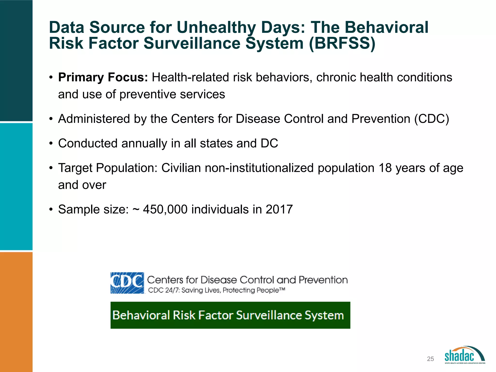 Data Source for Unhealthy Days: The Behavioral
Risk Factor Surveillance System (BRFSS)
25
• Primary Focus: Health-related risk behaviors, chronic health conditions
and use of preventive services
• Administered by the Centers for Disease Control and Prevention (CDC)
• Conducted annually in all states and DC
• Target Population: Civilian non-institutionalized population 18 years of age
and over
• Sample size: ~ 450,000 individuals in 2017
 