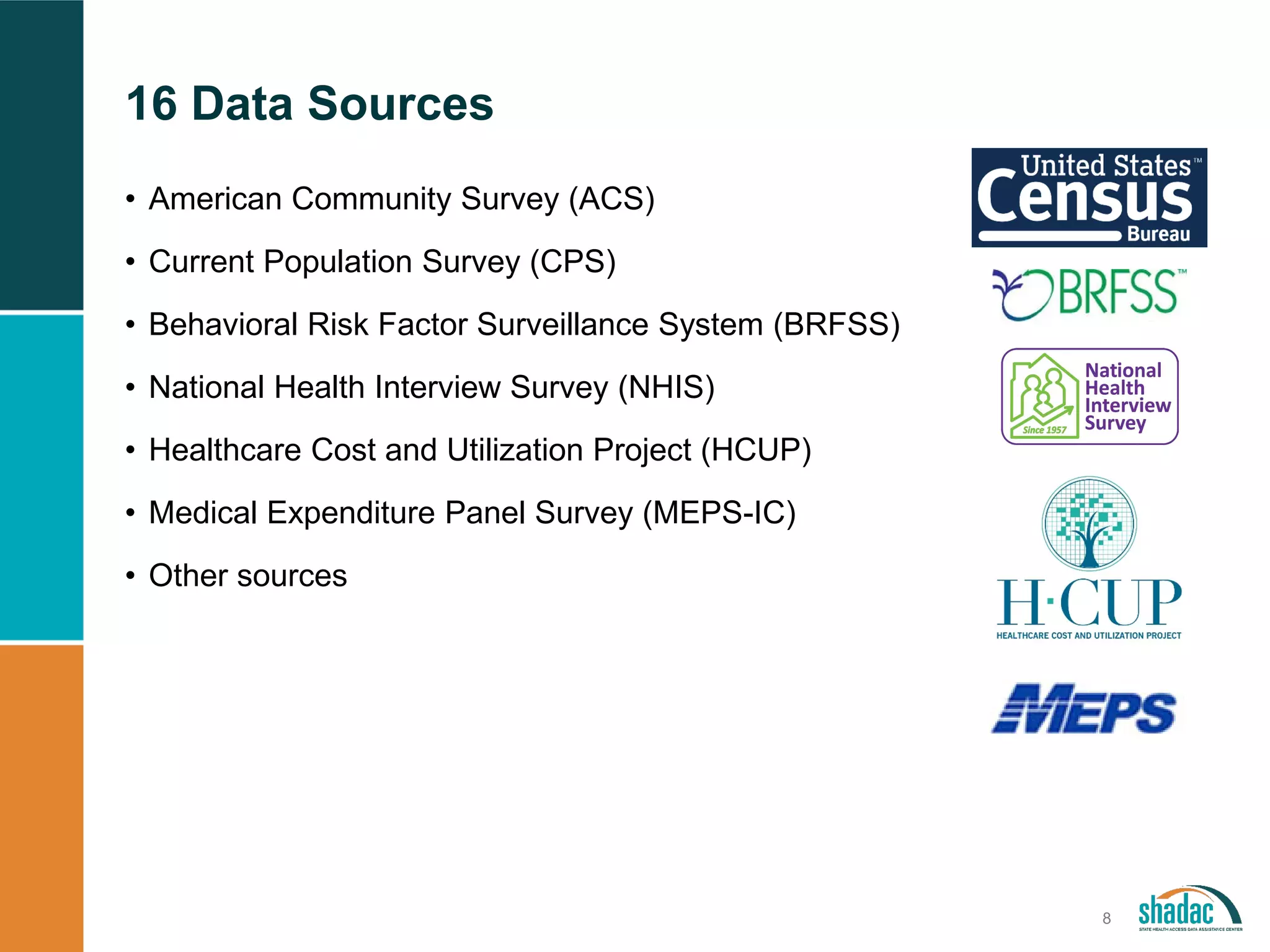 16 Data Sources
• American Community Survey (ACS)
• Current Population Survey (CPS)
• Behavioral Risk Factor Surveillance System (BRFSS)
• National Health Interview Survey (NHIS)
• Healthcare Cost and Utilization Project (HCUP)
• Medical Expenditure Panel Survey (MEPS-IC)
• Other sources
8
 