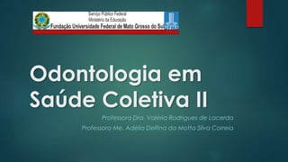 Odontologia em 
Saúde Coletiva II 
Professora Dra. Valéria Rodrigues de Lacerda 
Professora Me. Adélia Delfina da Motta Silva Correia 
 