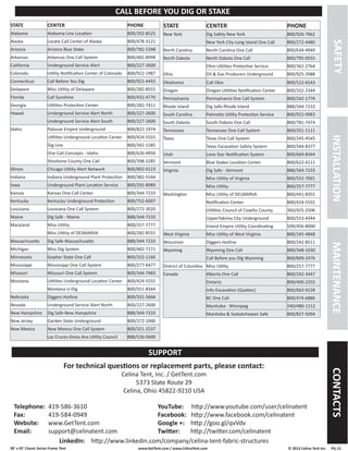 30’ x 45’ Classic Series Frame Tent www.GetTent.com / www.CelinaTent.com © 2013 Celina Tent Inc. PG.13 
STATE CENTER PHONE 
Alabama Alabama Line Location 800/292-8525 
Alaska Locate Call Center of Alaska 800/478-3121 
Arizona Arizona Blue Stake 800/782-5348 
Arkansas Arkansas One Call System 800/482-8998 
California Underground Service Alert 800/227-2600 
Colorado Utility Notification Center of Colorado 800/922-1987 
Connecticut Call Before You Dig 800/922-4455 
Delaware Miss Utility of Delaware 800/282-8555 
Florida Call Sunshine 800/432-4770 
Georgia Utilities Protection Center 800/282-7411 
Hawaii Underground Service Alert North 800/227-2600 
Underground Service Alert South 800/227-2600 
Idaho Palouse Empire Underground 800/822-1974 
Utilities Underground Location Center 800/424-5555 
Dig Line 800/342-1585 
One Call Concepts - Idaho 800/626-4950 
Shoshone County One Call 800/398-3285 
Illinois Chicago Utility Alert Network 800/892-0123 
Indiana Indiana Underground Plant Protection 800/382-5544 
Iowa Underground Plant Location Service 800/292-8989 
Kansas Kansas One-Call Center 800/344-7233 
Kentucky Kentucky Underground Protection 800/752-6007 
Louisiana Louisiana One Call System 800/272-3020 
Maine Dig Safe - Maine 888/344-7233 
Maryland 
Miss Utility 800/257-7777 
Miss Utility of DESMARVA 800/282-8555 
Massachusetts Dig Safe-Massachusetts 888/344-7233 
Michigan Miss Dig System 800/482-7171 
Minnesota Gopher State One Call 800/252-1166 
Mississippi Mississippi One Call System 800/277-6477 
Missouri Missouri One Call System 800/344-7483 
Montana 
Utilities Underground Location Center 800/424-5555 
Montana U-Dig 800/551-8344 
Nebraska Diggers Hotline 800/331-5666 
Nevada Underground Service Alert North 800/227-2600 
New Hampshire Dig Safe-New Hampshire 888/344-7233 
New Jersey Garden State Underground 800/272-1000 
New Mexico 
New Mexico One Call System 800/321-2537 
Las Cruces-Dona Ana Utility Council 888/526-0400 
STATE CENTER PHONE 
New York Dig Safely New York 800/926-7962 
New York City-Long Island One Call 800/272-4480 
North Carolina North Carolina One Call 800/634-4949 
North Dakota North Dakota One Call 800/795-0555 
Ohio 
Ohio Utilities Protective Service 800/362-2764 
Oil & Gas Producers Underground 800/925-2988 
Oklahoma Call Okie 800/522-6543 
Oregon Oregon Utilities Notification Center 800/332-2344 
Pennsylvania Pennsylvania One Call System 800/242-1776 
Rhode Island Dig Safe-Rhode Island 888/344-7233 
South Carolina Palmetto Utility Protection Service 800/922-0983 
South Dakota South Dakota One Call 800/781-7474 
Tennessee Tennessee One-Call System 800/351-1111 
Texas 
Texas One Call System 800/245-4545 
Texas Excavation Safety System 800/344-8377 
Utah Lone Star Notification System 800/669-8344 
Vermont Blue Stakes Location Center 800/622-4111 
Virginia 
Dig Safe - Vermont 888/344-7233 
Miss Utility of Virginia 800/552-7001 
Miss Utility 800/257-7777 
Washington 
Miss Utility of DELMARVA 800/441-8355 
Notification Center 800/424-5555 
Utilities Council of Cowlitz County 360/425-2506 
UpperYakima City Underground 800/553-4344 
Inland Empire Utility Coordinating 509/456-8000 
West Virginia Miss Utility of West Virginia 800/245-4848 
Wisconsin Diggers Hotline 800/242-8511 
Wyoming 
Wyoming One Call 800/348-1030 
Call Before you DIg Wyoming 800/849-2476 
District of Columbia Miss Utility 800/257-7777 
Canada 
Alberta One Call 800/242-3447 
Ontario 800/400-2255 
Info-Excavation (Quebec) 800/663-9228 
BC One Call 800/474-6886 
Manitoba - Winnipeg 240/480-1212 
Manitoba & Saskatchewan Safe 800/827-5094 
SUPPORT 
SAFETY INSTALLATION MAINTENANCE CONTACTS 
For technical questions or replacement parts, please contact: 
Celina Tent, Inc. / GetTent.com 
5373 State Route 29 
Celina, Ohio 45822-9210 USA 
Telephone: 419-586-3610 
Fax: 419-584-0949 
Website: www.GetTent.com 
Email: support@celinatent.com 
YouTube: http://www.youtube.com/user/celinatent 
Facebook: http://www.facebook.com/celinatent 
Google +: http://goo.gl/qvVdv 
Twitter: http://twitter.com/celinatent 
LinkedIn: http://www.linkedin.com/company/celina-tent-fabric-structures 
CALL BEFORE YOU DIG OR STAKE 
