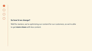 So how’d we change?
Well for starters, we’re optimizing our content for our customers, so we’re able
to get more views with less content.
 