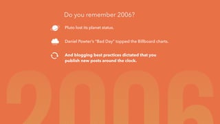Pluto lost its planet status. 
Daniel Powter’s “Bad Day” topped the Billboard charts. 
And blogging best practices dictated that you
publish new posts around the clock.
Do you remember 2006?
 