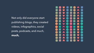 Not only did everyone start
publishing blogs, they created
videos, infographics, social
posts, podcasts, and much,
much, much, oh so much
more.
 