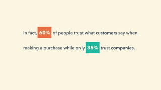 In fact, 60% of people trust what customers say when
making a purchase while only 35% trust companies.
 