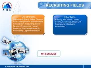 RECRUITING FIELDS Our strengths Marketing & Brand, Sales, Finance/Audit, Management, Administration, Consultancy, Accounting, Client Service, Engineering, Human Resource, Marketing Research, Purchasing, Logistics/Inventory... Other fields Banking, PR/ Event, Quality Control, Law/Legal, Electric, IT Programmer / Software, Advertising, ... HR SERVICES 