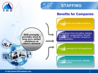 STAFFING SHD promptly provides short & long term skilled workforce at client’s demand Benefits for Companies Relief stress from recruiting, training, lay-off staff, compensation, benefit, legal matter => Remain company’s good reputation Huge, flexible and stable workforce Reduce workload for HR department Great saving time & cost, maintain budget control 