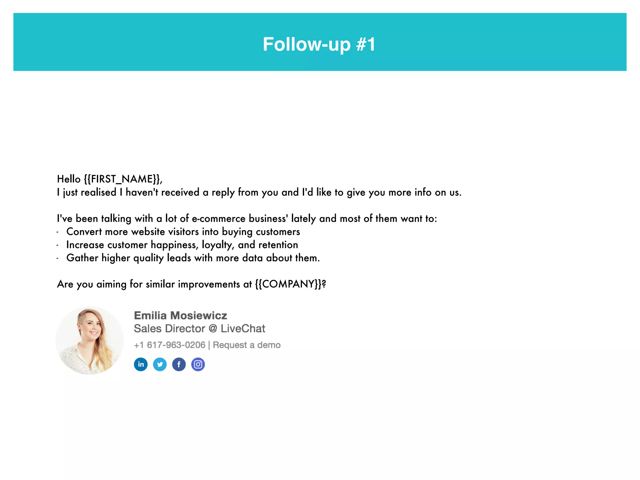 Follow-up #1
Hello {{FIRST_NAME}},
I just realised I haven't received a reply from you and I'd like to give you more info on us.
I've been talking with a lot of e-commerce business' lately and most of them want to:
- Convert more website visitors into buying customers
- Increase customer happiness, loyalty, and retention
- Gather higher quality leads with more data about them.
Are you aiming for similar improvements at {{COMPANY}}?
 