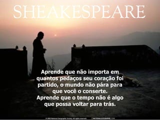 Aprende que não importa em quantos pedaços seu coração foi partido, o mundo não pára para que você o conserte. Aprende que o tempo não é algo que possa voltar para trás. 