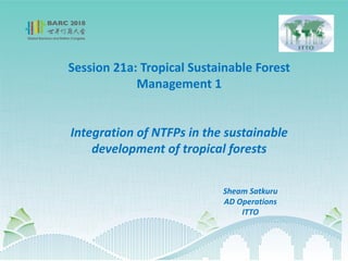 Session 21a: Tropical Sustainable Forest
Management 1
Integration of NTFPs in the sustainable
development of tropical forests
Sheam Satkuru
AD Operations
ITTO
 