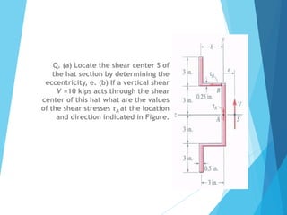 Q. (a) Locate the shear center S of 
the hat section by determining the 
eccentricity, e. (b) If a vertical shear 
V =10 kips acts through the shear 
center of this hat what are the values 
of the shear stresses τA at the location 
and direction indicated in Figure. 
 
