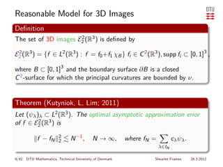 Reasonable Model for 3D Images
Deﬁnition
The set of 3D images E2 (R3 ) is deﬁned by
                      2


E2 (R3 ) = {f ∈ L2 (R3 ) : f = f0 +f1 χB } fi ∈ C 2 (R3 ), supp fi ⊂ [0, 1]3 ,
 2


where B ⊂ [0, 1]3 and the boundary surface ∂B is a closed
C 2 -surface for which the principal curvatures are bounded by ν.


Theorem (Kutyniok, L, Lim; 2011)
Let (ψλ )λ ⊂ L2 (R3 ). The optimal asymptotic approximation error
of f ∈ E2 (R3 ) is
         2


                       2
            f − fN     2      N −1 ,      N → ∞,        where fN =          cλ ψλ .
                                                                     λ∈IN

9/42 DTU Mathematics, Technical University of Denmark            Shearlet Frames      26.3.2012
 