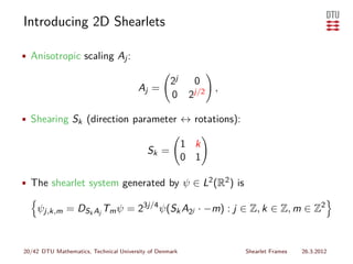 Introducing 2D Shearlets

• Anisotropic scaling Aj :

                                                   2j      0
                                        Aj =                     ,
                                                   0      2j/2

• Shearing Sk (direction parameter ↔ rotations):

                                                         1 k
                                           Sk =
                                                         0 1

• The shearlet system generated by ψ ∈ L2 (R2 ) is

    ψj,k,m = DSk Aj Tm ψ = 23j/4 ψ(Sk A2j · −m) : j ∈ Z, k ∈ Z, m ∈ Z2


20/42 DTU Mathematics, Technical University of Denmark               Shearlet Frames   26.3.2012
 