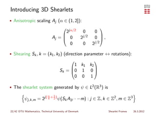 Introducing 3D Shearlets
• Anisotropic scaling Aj (α ∈ (1, 2]):
                                                            
                                        2jα/2  0   0
                                 Aj =  0     2j/2 0 ,
                                                     
                                          0    0 2j/2

• Shearing Sk , k = (k1 , k2 ) (direction parameter ↔ rotations):
                                                        
                                             1 k1 k2
                                       Sk = 0 1 0 
                                                    
                                             0 0 1

• The shearlet system generated by ψ ∈ L2 (R3 ) is
                                  1
           ψj,k,m = 2j( 4 + 2 ) ψ(Sk A2j · −m) : j ∈ Z, k ∈ Z2 , m ∈ Z3
                             α




22/42 DTU Mathematics, Technical University of Denmark           Shearlet Frames   26.3.2012
 