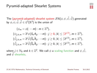 Pyramid-adapted Shearlet Systems


                                               ˜ ˘
The (pyramid-adapted) shearlet system SH(φ, ψ, ψ, ψ) generated
         ˜ ψ ∈ L2 (R3 ) is the union of
by φ, ψ, ψ, ˘

            {φm = φ(· − m) : m ∈ Z3 },
        {ψj,k,m = 2j ψ(Sk A2j · −m) : j ≥ 0, |k| ≤ ⌈2j/2 ⌉, m ∈ Z3 },
         ˜           ˜ ˜ ˜
        {ψj,k,m = 2j ψ(Sk A2j · −m) : j ≥ 0, |k| ≤ ⌈2j/2 ⌉, m ∈ Z3 },
         ˘           ˘ ˘ ˘
        {ψj,k,m = 2j ψ(Sk A2j · −m) : j ≥ 0, |k| ≤ ⌈2j/2 ⌉, m ∈ Z3 },

                                                              ˜
where j ∈ N0 and k ∈ Z2 . We call φ a scaling function and ψ, ψ,
    ˘ shearlets.
and ψ




27/42 DTU Mathematics, Technical University of Denmark   Shearlet Frames   26.3.2012
 