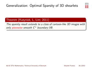 Generalization: Optimal Sparsity of 3D shearlets


Theorem (Kutyniok, L, Lim; 2011)
The sparsity result extends to a class of cartoon-like 3D images with
only piecewise smooth C α boundary ∂B.




38/42 DTU Mathematics, Technical University of Denmark   Shearlet Frames   26.3.2012
 