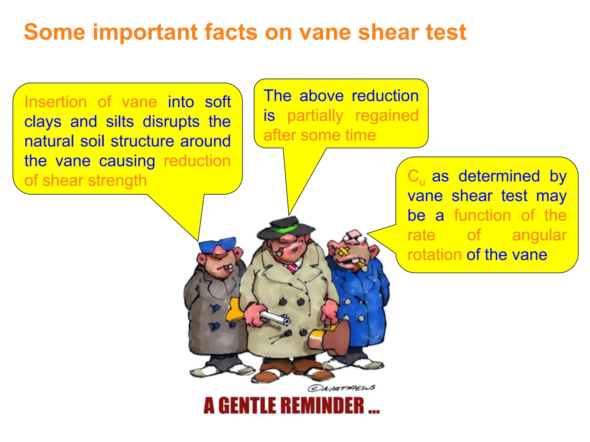 Some important facts on vane shear test
Insertion of vane into soft
clays and silts disrupts the
natural soil structure around
the vane causing reduction
of shear strength
The above reduction
is partially regained
after some time
Cu as determined by
vane shear test may
be a function of the
rate of angular
rotation of the vane
 