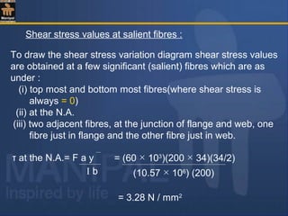 Shear stress values at salient fibres :
To draw the shear stress variation diagram shear stress values
are obtained at a few significant (salient) fibres which are as
under :
(i) top most and bottom most fibres(where shear stress is
always = 0)
(ii) at the N.A.
(iii) two adjacent fibres, at the junction of flange and web, one
fibre just in flange and the other fibre just in web.
τ at the N.A.= F a y
I b
= (60 × 103
)(200 × 34)(34/2)
(10.57 × 106
) (200)
= 3.28 N / mm2
 