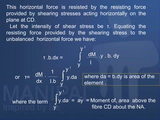 This horizontal force is resisted by the resisting force
provided by shearing stresses acting horizontally on the
plane at CD.
Let the intensity of shear stress be τ. Equating the
resisting force provided by the shearing stress to the
unbalanced horizontal force we have:
dM
I
.y . b. dy
y
y t
∫
where da = b.dy is area of the
element .
where the term
y t
∫
y
y.da = ay =
τ .b.dx =
Moment of, area above the
fibre CD about the NA.
y t
or τ=
dM
dx
1
I.b
∫
y
y.da.
 
