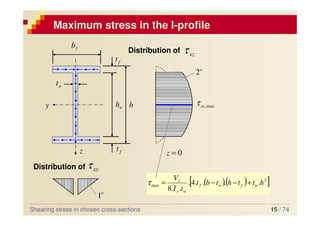 15 / 74
Maximum stress in the I-profile
Shearing stress in chosen cross-sections
Distribution of
z
y
Distribution of
xz
τ
xy
τ
max
,
xz
τ
o
2
h
w
h
f
t
f
t
f
b
w
t
o
1
( )( )
[ ]
2
max .
.
.
.
4
.
.
.
8
h
t
t
h
t
b
t
t
I
V
w
f
w
f
w
y
z
+
−
−
=
τ
0
=
z
 