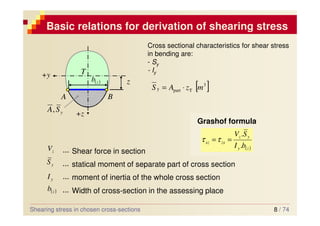 8 / 74
Basic relations for derivation of shearing stress
Shearing stress in chosen cross-sections
+y
+z
A B
T
z
( )
z
b
y
S
A,
( )
z
y
y
z
zx
xz
b
I
S
V
.
.
=
=τ
τ
statical moment of separate part of cross section
...
y
S
z
V ... Shear force in section
y
I ... moment of inertia of the whole cross section
( )
z
b ... Width of cross-section in the assessing place
Grashof formula
Cross sectional characteristics for shear stress
in bending are:
- Sy
- Iy
[ ]
3
T
part
y m
z
A
S ⋅
=
 