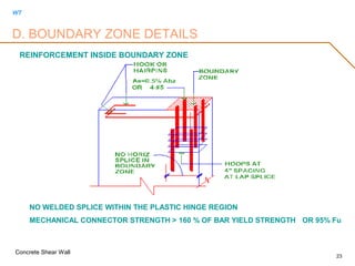 WT
Concrete Shear Wall
23
REINFORCEMENT INSIDE BOUNDARY ZONE
NO WELDED SPLICE WITHIN THE PLASTIC HINGE REGION
MECHANICAL CONNECTOR STRENGTH > 160 % OF BAR YIELD STRENGTH OR 95% Fu
D. BOUNDARY ZONE DETAILS
 