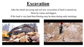 Excavation
After the initial surveying and soil test, excavation of land is carried out.
Done by cranes and diggers.
If the land is very hard then blasting may be done during early mornings.
 