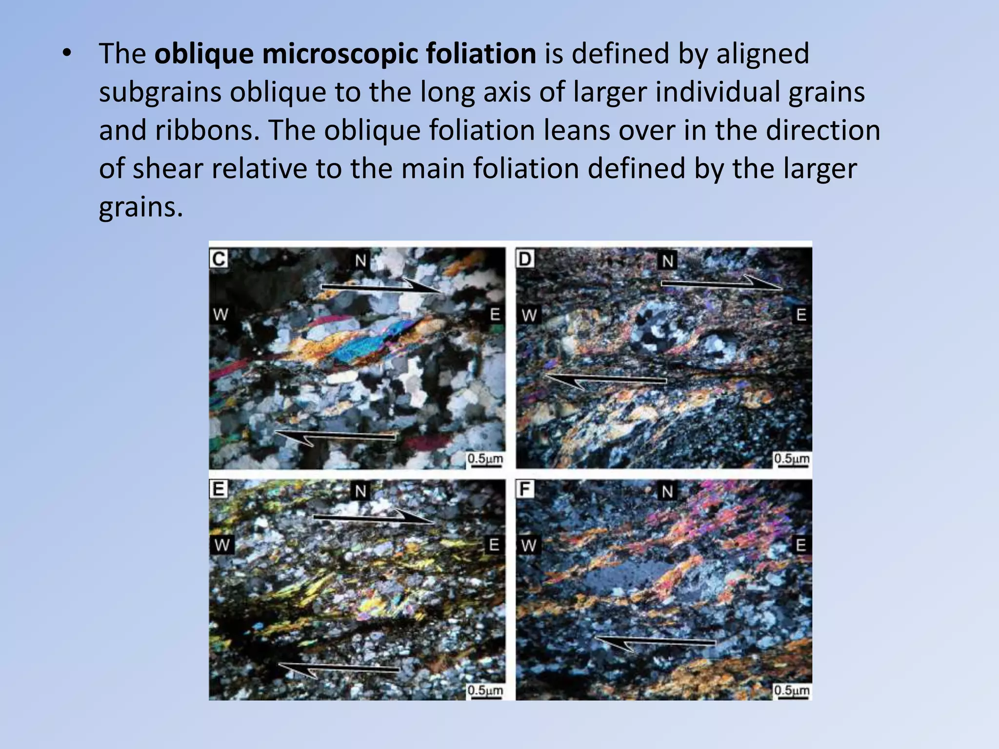 • The oblique microscopic foliation is defined by aligned
  subgrains oblique to the long axis of larger individual grains
  and ribbons. The oblique foliation leans over in the direction
  of shear relative to the main foliation defined by the larger
  grains.
 