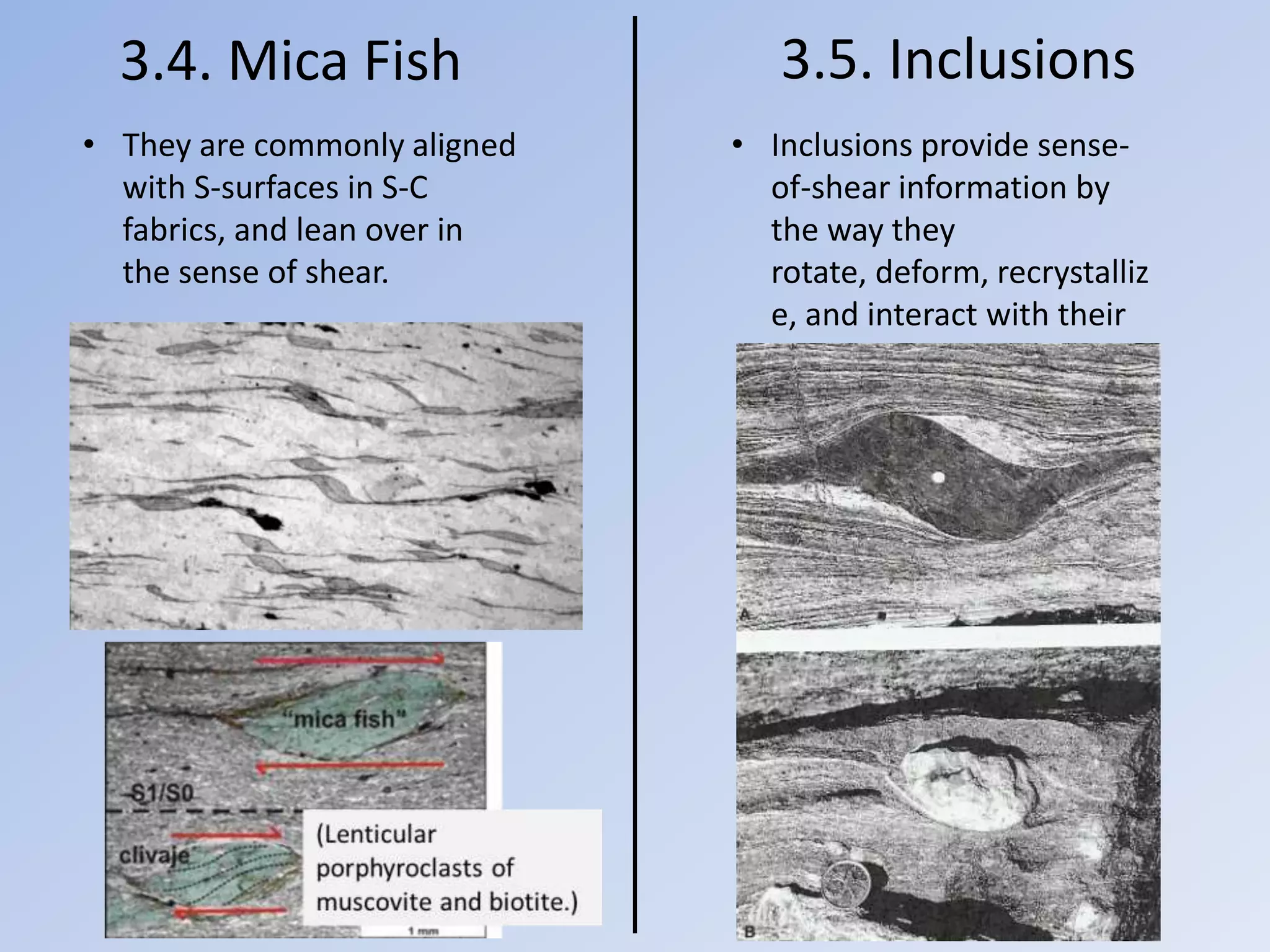 3.4. Mica Fish                 3.5. Inclusions
• They are commonly aligned   • Inclusions provide sense-
  with S-surfaces in S-C        of-shear information by
  fabrics, and lean over in     the way they
  the sense of shear.           rotate, deform, recrystalliz
                                e, and interact with their
                                matrix.
 