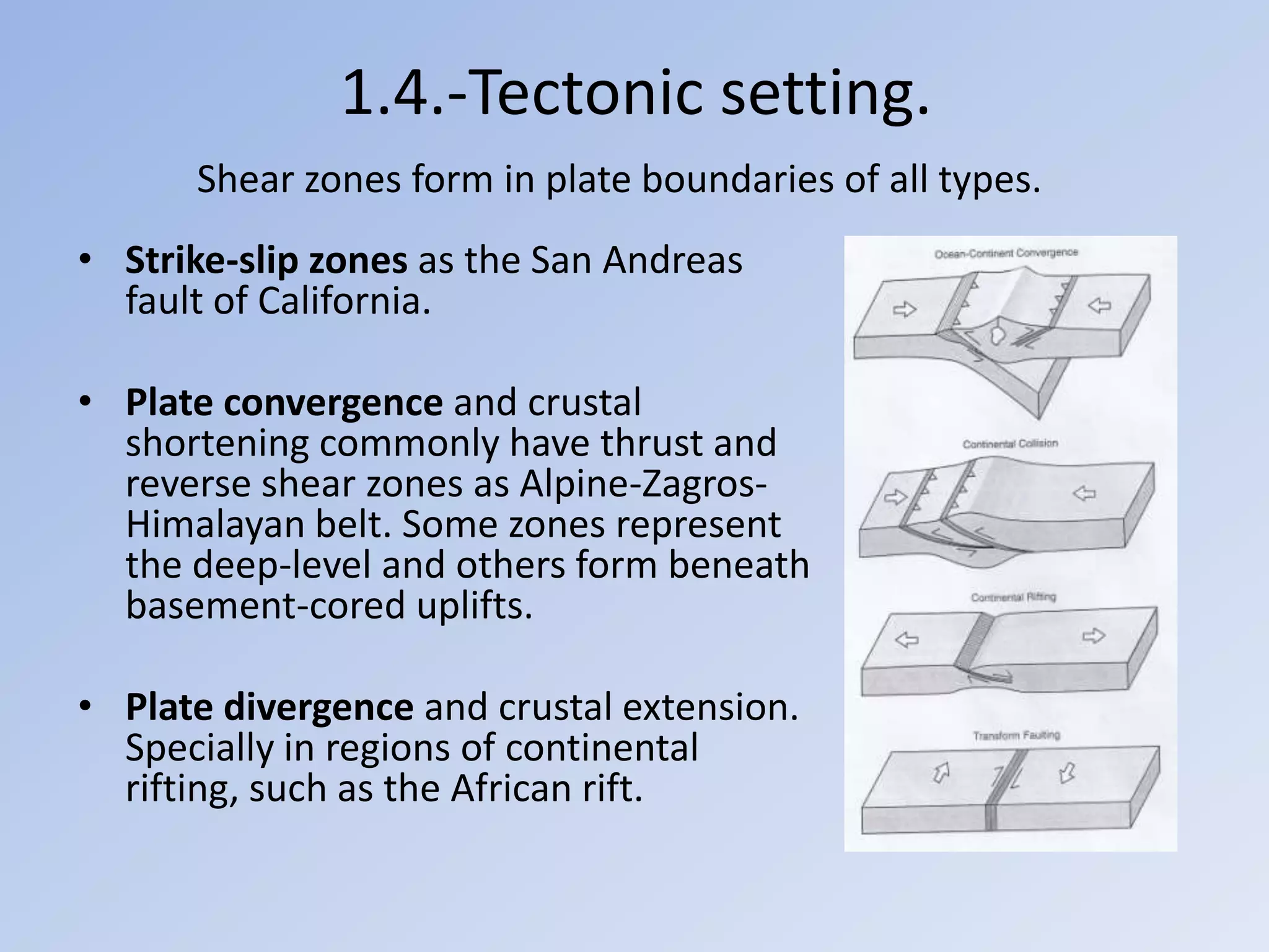 1.4.-Tectonic setting.
      Shear zones form in plate boundaries of all types.
• Strike-slip zones as the San Andreas
  fault of California.

• Plate convergence and crustal
  shortening commonly have thrust and
  reverse shear zones as Alpine-Zagros-
  Himalayan belt. Some zones represent
  the deep-level and others form beneath
  basement-cored uplifts.

• Plate divergence and crustal extension.
  Specially in regions of continental
  rifting, such as the African rift.
 