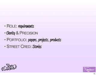• ROLE: requirements
• Clarity & PRECISION
• PORTFOLIO: papers, projects, products
• STREET CRED: Stories
15
 