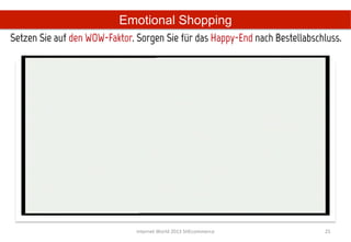 Emotional Shopping
Setzen Sie auf den WOW-Faktor. Sorgen Sie für das Happy-End nach Bestellabschluss.	
  




                                Internet	
  World	
  2013	
  SHEcommerce	
       25	
  
 