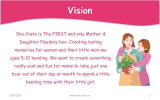 Vision
She Crate is The FIRST and only Mother &
Daughter Playdate box. Creating lasting
memories for women and their little mini-me
ages 5-12 bonding. We want to create something
really cool and fun for moms to take just one
hour out of their day or month to spend a little
bonding time with their little girl.
9/24/2016 2www.shecrate.com
 