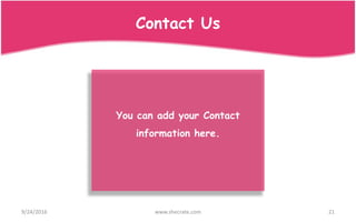Contact Us
You can add your Contact
information here.
9/24/2016 21www.shecrate.com
 