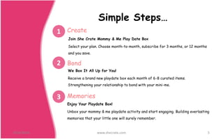 Simple Steps…
Join She Crate Mommy & Me Play Date Box
Select your plan. Choose month-to-month, subscribe for 3 months, or 12 months
and you save.
9/24/2016 www.shecrate.com 5
1 Create
We Box It All Up for You!
Receive a brand new playdate box each month of 6-8 curated items.
Strengthening your relationship to bond with your mini-me.
Bond
Enjoy Your Playdate Box!
Unbox your mommy & me playdate activity and start engaging. Building everlasting
memories that your little one will surely remember.
Memories
2
3
 