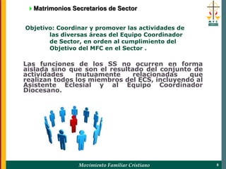 Movimiento Familiar Cristiano 8
Las funciones de los SS no ocurren en forma
aislada sino que son el resultado del conjunto de
actividades mutuamente relacionadas que
realizan todos los miembros del ECS, incluyendo al
Asistente Eclesial y al Equipo Coordinador
Diocesano.
Matrimonios Secretarios de Sector
Objetivo: Coordinar y promover las actividades de
las diversas áreas del Equipo Coordinador
de Sector, en orden al cumplimiento del
Objetivo del MFC en el Sector .
 