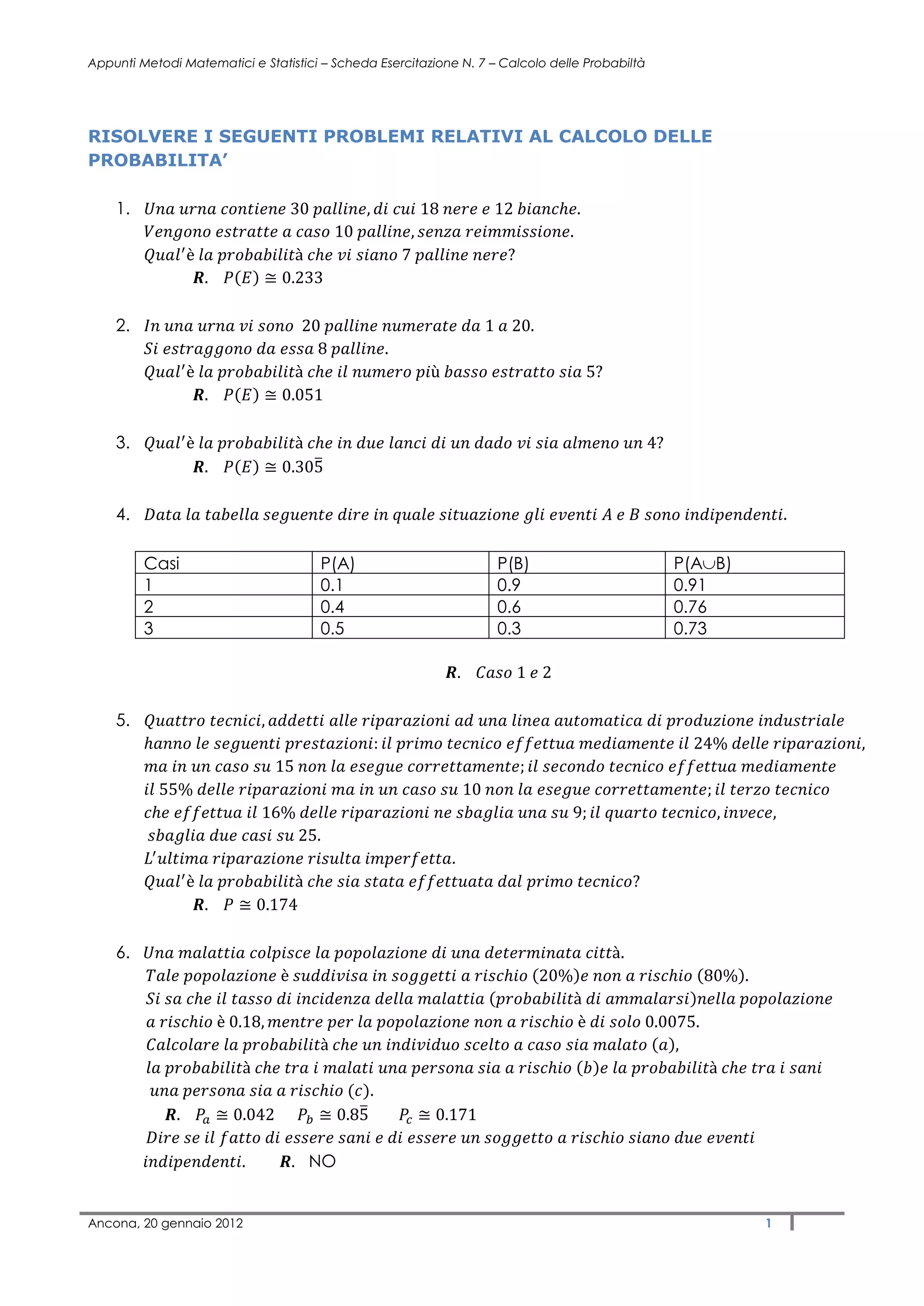 esercizi sul calcolo delle probabilità