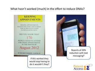 What hasn’t worked (much) in the effort to reduce DNAs?




                                             Reports of 20%
                                           reduction with text
                                              messaging?
               If this worked they
              would stop having to
              do it wouldn’t they?
 