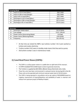 Pumping Mode
 1   Input at 114 m head (Max.)                                                204.5 MW
 2   Input at 100 m head (Design)                                              209.2 MW
 3   Input at 81 m head (Min.)                                                 207.5 MW
 4   Discharge at 114 m head (Max.)                                           168.4 cusecs
 5   Discharge at 100 m head (Design)                                         197.5 cusecs
 6   Discharge at 81 m head (Min.)                                            233.4 cusecs


Generator
 1   Generator rated output                                                   222.22 MVA
 2   Line voltage                                                            13.8 + 10% KV
 3   Power Factor (Generating Mode)                                             0.9 (lag)
 4   Power Factor (Motoring Mode)                                              0.95 (lead)
 5   Frequency                                                                50 (+3% Hz)


          •   At that time we visited the RBPH, two turbines number 5 & 6 were worked as
              turbine and creates electricity.
          •   Turbine number 4 & 3 were in standby mode means that they work as pump.
          •   And turbine number 1 was in maintenance mode.




   2) Canal Head Power House (CHPH):-

          •   The CHPH is a surface power station in a saddle dam on right bank of the reservoir.
          •   In CHPH installed FIVE 50 MW Kaplan turbine to generate electricity.
          •   The Turbine is supplied by M/S BHEL (Bharat Heavy Electricals Ltd.), India.
          •   These five units have been commissioned in a phased manner during Aug-04 to Dec-04.
              These units can be operated with minimum reservoir water level of 110.18 meters.
          •   The CHPH is being operated in consultation and as per advice of NCA/WREB based on
              irrigation requirement of Gujarat/Rajasthan and availability of water in reservoir and
              release from upstream project of Madhya Pradesh.




                                                                                                    19
 