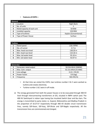 •   Features of CHPH :-

General
 1   Location                                                         Right Bank
 2   No. of units                                                          5
 3   Rated capacity of each unit                                        50 MW
 4   Installed capacity                                                250 MW
 5   Type of turbines                                            Kaplan (Conventional)
 6   Type of Power House                                                Surface


Turbine
 1    Rated speed                                                     136.4 RPM
 2    Dia. of runner                                                    4.7 m
 3    Max. head race level                                             138.20 m
 4    Min. head race level                                             110.18 m
 5    Max. tail water level                                            95.10 m
 6    Min. tail water level                                            92.07 m


Generator
 1   Generator rated output                                       50.556 MVA (50MW)
 2   Max. Cant. output                                            61.111 MVA (55 MW)
 3   Line voltage                                                     11.0 + 5% KV
 4   Power Factor                                                       0.9 (lag)
 5   Frequency                                                         50(+3%) Hz

          •   At that time we visited the CHPH, two turbines number 4 & 5 were worked as
              turbine and creates electricity.
          •   Turbine number 1 & 2 were in off mode.

       The energy generated from both the power houses is to be evacuated through 400 KV
       level through interconnecting transformers at GIS, situated in RBPH switch yard. The
       400 KV Switchyard is indoor type having Gas Insulated Switch Gear and Bus bars. The
       energy is transmitted to party states i.e. Gujarat, Maharashtra and Madhya Pradesh in
       the proportion of 16:27:57 respectively through 400 KV double circuit transmission
       lines, namely SSP-Kasor, SSP-Asoj, SSP-Dhule and SSP-Nagda respectively. All the
       transmission lines are commissioned and charged.



                                                                                         21
 