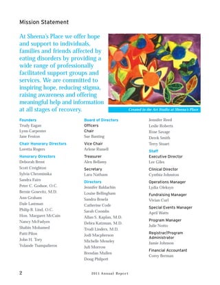 Mission Statement

At Sheena’s Place we offer hope
and support to individuals,
families and friends affected by
eating disorders by providing a
wide range of professionally
facilitated support groups and
services. We are committed to
inspiring hope, reducing stigma,
raising awareness and offering
meaningful help and information
at all stages of recovery.                         Created in the Art Studio at Sheena’s Place

Founders                   Board of Directors                  Jennifer Reed
Trudy Eagan                Officers                            Leslie Roberts
Lynn Carpenter             Chair                               Rose Savage
Jane Fenton                Sue Banting                         Derek Smith
Chair Honorary Directors   Vice Chair                          Terry Stuart
Loretta Rogers             Arlene Russell                      Staff
Honorary Directors         Treasurer                           Executive Director
Deborah Brent              Alex Bellamy                        Lee Giles
Scott Creighton            Secretary                           Clinical Director
Sylvia Chrominska          Lara Nathans                        Cynthia Johnston
Sandra Faire
                           Directors                           Operations Manager
Peter C. Godsoe, O.C.      Jennifer Baldachin                  Lydia Oleksyn
Bernie Gosevitz, M.D.      Louise Bellingham                   Fundraising Manager
Ann Graham                 Sandra Bosela                       Vivian Curl
Dale Lastman               Catherine Code
                                                               Special Events Manager
Philip B. Lind, O.C.       Sarah Coombs                        April Watts
Hon. Margaret McCain       Allan S. Kaplan, M.D.
Nancy McFadyen                                                 Program Manager
                           Debra Katzman, M.D.
Shabin Mohamed                                                 Julie Notto
                           Trodi Linders, M.D.
Patti Pilon                                                    Registrar/Program
                           Jodi Macpherson
John H. Tory                                                   Administrator
                           Michelle Meneley                    Jamie Johnson
Yolande Tsampalieros       Juli Morrow
                                                               Financial Accountant
                           Brendan Mullen
                                                               Corey Berman
                           Doug Philpott


2                              2011 Annual Report
 