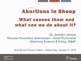 Abor tions in Sheep
What causes them and
what can we do about it?
Dr. Jocelyn Jansen
Disease Prevention Veterinarian – Small Ruminants
Veterinary Science & Policy, OMAF
Grey Bruce Farmer’s Week – Sheep Day, January 11, 2014

 