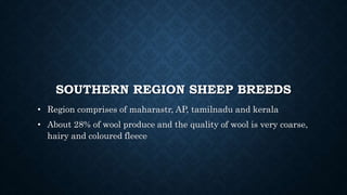 SOUTHERN REGION SHEEP BREEDS
• Region comprises of maharastr, AP, tamilnadu and kerala
• About 28% of wool produce and the quality of wool is very coarse,
hairy and coloured fleece
 