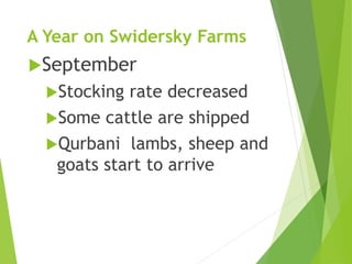 A Year on Swidersky Farms
September
Stocking rate decreased
Some cattle are shipped
Qurbani lambs, sheep and
goats start to arrive
 