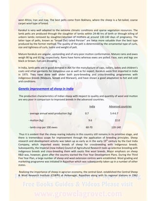 west Africa, Iran and Iraq. The best pelts come from Bokhara, where the sheep is a fat-tailed, coarse
carpet wool type of breed.
Karakul is very well adapted to the extreme climatic conditions and sparse vegetation resources. The
lamb pelts are produced through the slaughter of lambs within 24-48 hrs of birth or through killing of
unborn lambs removed by slaughter/abortion of mothers at around 130-140 days of pregnancy. The
latter type of pelts, known as “broad (fat) tailed Persian” are twice more valuable than the best type
produced by the former method. The quality of the pelt is determined by the ornamental type of curls,
size and tightness of curls, lustre and weight of pelt.
Mature Karakuls are angular, upstanding and of very poor mutton conformation. Mature rams and ewes
weigh 90 kg and 65 kg, respectively. Rams have horns whereas ewes are polled. Face, ears and legs are
black or brown. Ears are drooping.
In India, lamb pelts are in good demand in J&K for the manufacture of caps, collars, ladies and children’s
coats and other garments for indigenous use as well as for export. Karakuls were first imported in India
in 1975. They have done well under both pure-breeding and cross-breeding programmes with
indigenous breeds (Malpura, Sonadi and Marwari), and have shown a good adaptation to hot and cold
arid conditions.
Genetic improvement of sheep in India
The production characteristics of Indian sheep with respect to quality and quantity of wool and mutton
are very poor in comparison to improved breeds in the advanced countries.
India Advanced countries
- average annual wool production (kg) 0.7 5.4-6.7
- mutton (kg) 9.6 22.0
- lamb crop per 100 ewes 60-70 120-140
Thus it is evident that the sheep rearing industry in this country still remains in its primitive stage, and
there is tremendous scope for improvement through the application of breeding principles. Sheep
research and development activity was taken up as early as in the early 19th
century by the East India
Company, which imported exotic breeds of sheep for crossbreeding with indigenous breeds.
Subsequently, the Imperial (now Indian) Council of Agricultural Research took up selective breeding with
indigenous breeds and cross-breeding them with exotic fine wool breeds. Major emphasis on sheep
R&D was, however, given after the country started the Five Year Development Plans. During the Third
Five Year Plan, a large number of sheep and wool extension centres were established. Wool grading and
marketing programme was initiated in Rajasthan which was subsequently taken up in a number of other
states.
Realizing the importance of sheep in agrarian economy, the central Govt. established the Central Sheep
& Wool Research Institute (CSWRI) at Avikanagar, Rajasthan along with its regional stations in 1962
 